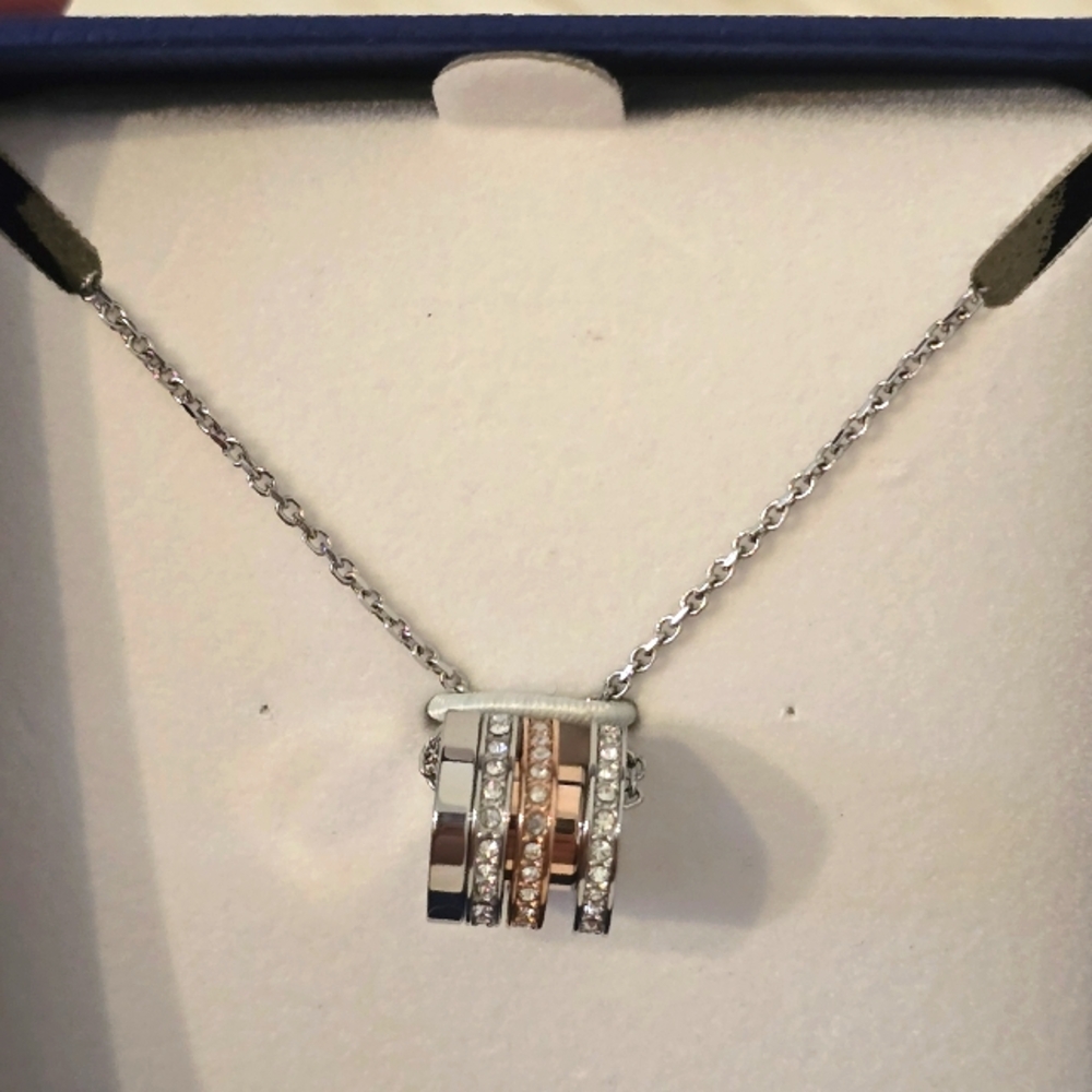 SWAROVSKI VIO 5190009 Tri-Color Crystal Pave 3 Ring Pendant Silver Necklace